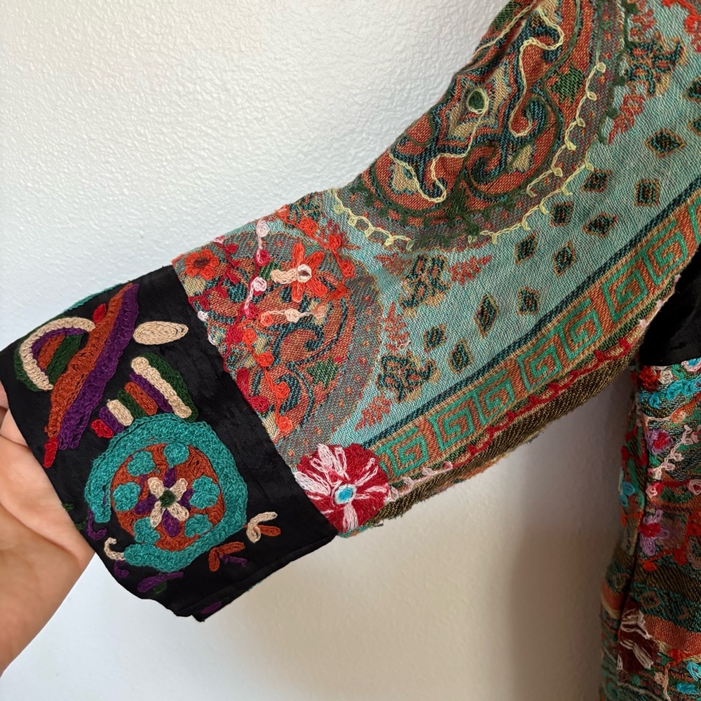 Anu Embroidered Patchwork Silk Open Front Jacket … - image 4